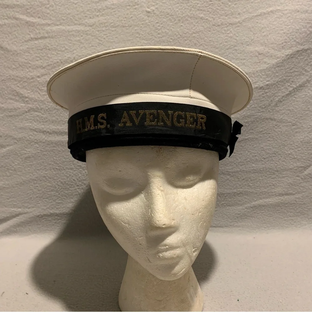 Vintage H.M.S. Avenger Sailor’s Cap Military Navy Uniform Hat White/Black
